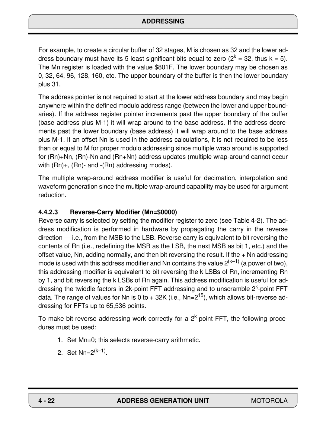 Motorola 24-Bit Digital Signal Processor, DSP56000 manual Reverse-Carry Modifier Mn=$0000 