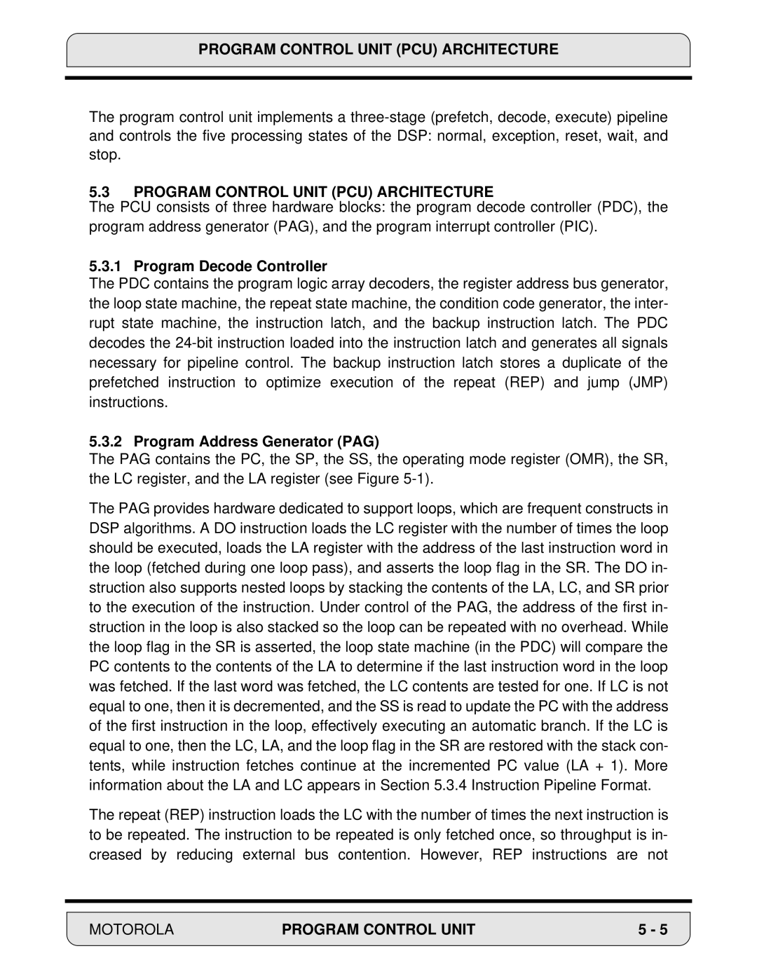 Motorola DSP56000 manual Program Control Unit PCU Architecture, Program Decode Controller, Program Address Generator PAG 