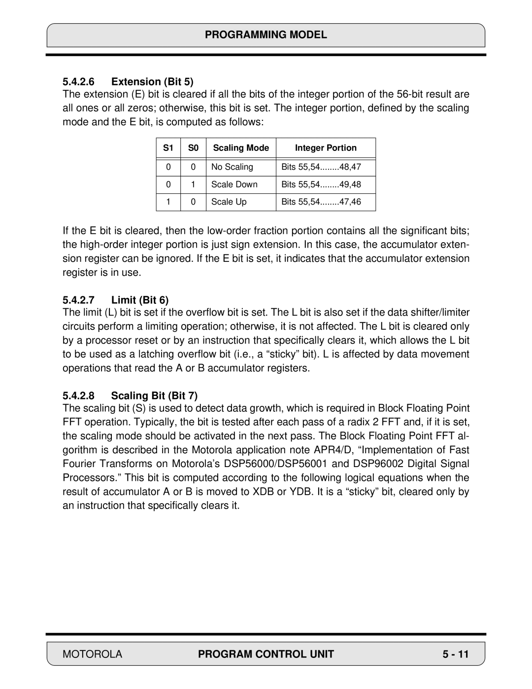 Motorola DSP56000, 24-Bit Digital Signal Processor manual Extension Bit, Limit Bit, Scaling Bit Bit 