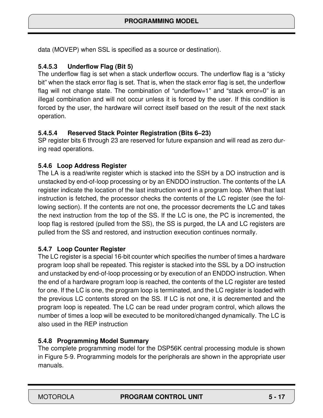 Motorola DSP56000 manual Underflow Flag Bit, Reserved Stack Pointer Registration Bits, Loop Address Register 