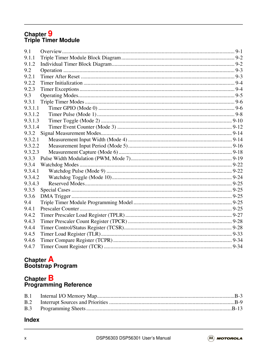 Motorola DSP56301 Chapter Triple Timer Module, Chapter a Bootstrap Program Chapter B Programming Reference, Index 