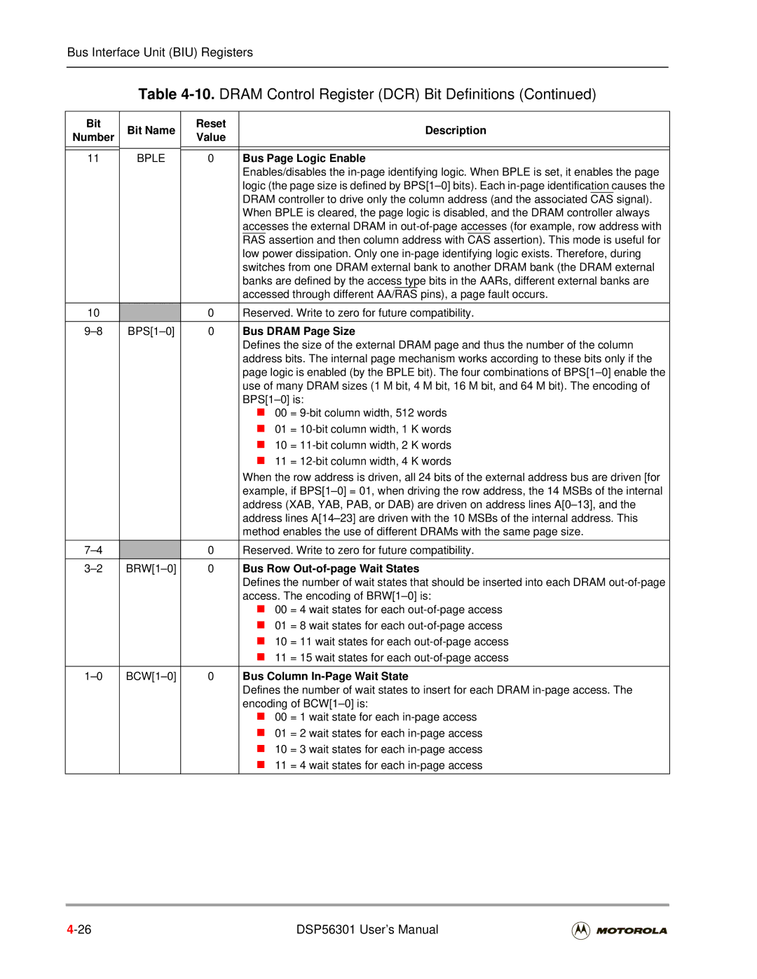 Motorola DSP56301 user manual Bus Page Logic Enable, Bus Dram Page Size, Bus Row Out-of-page Wait States 