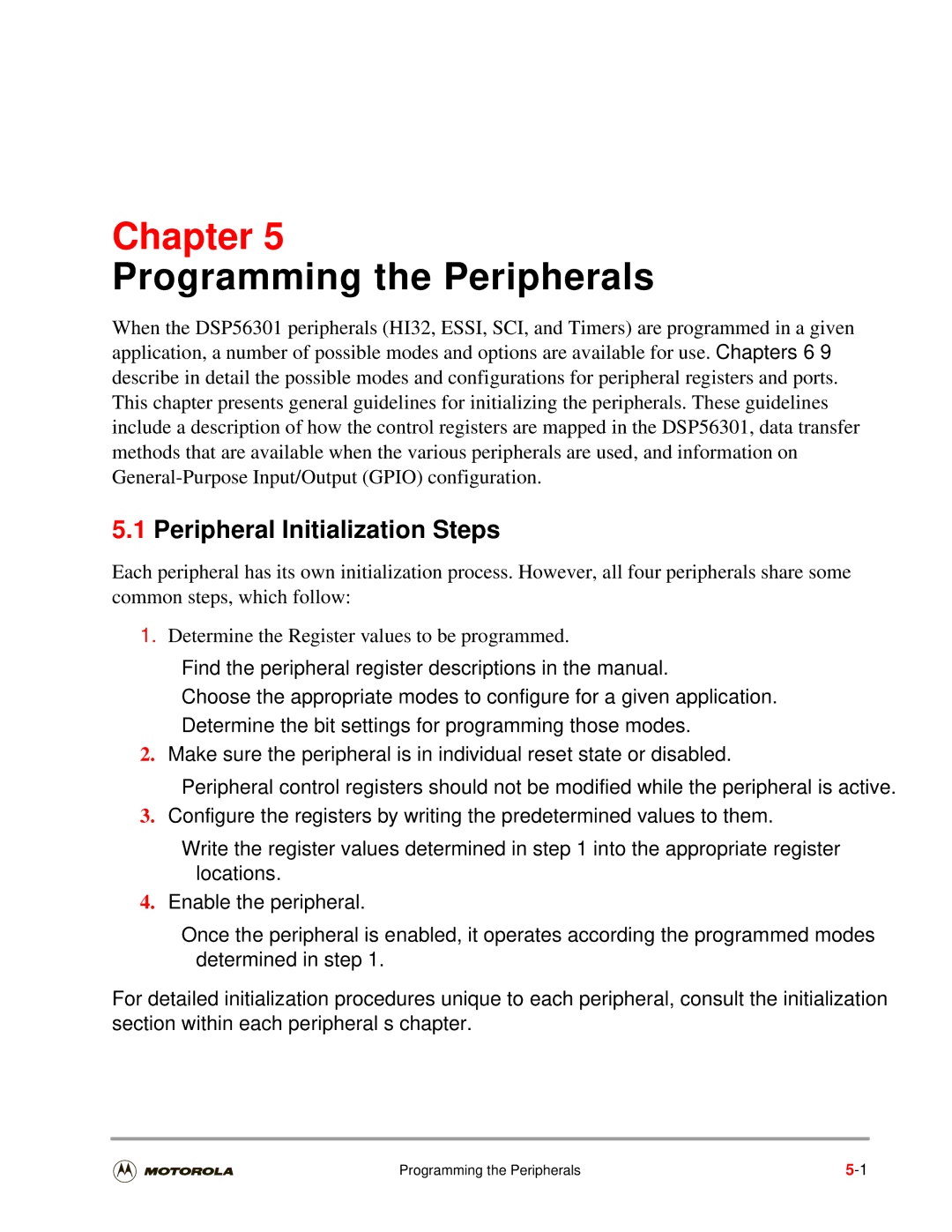 Motorola DSP56301 user manual Peripheral Initialization Steps, Programming the Peripherals 