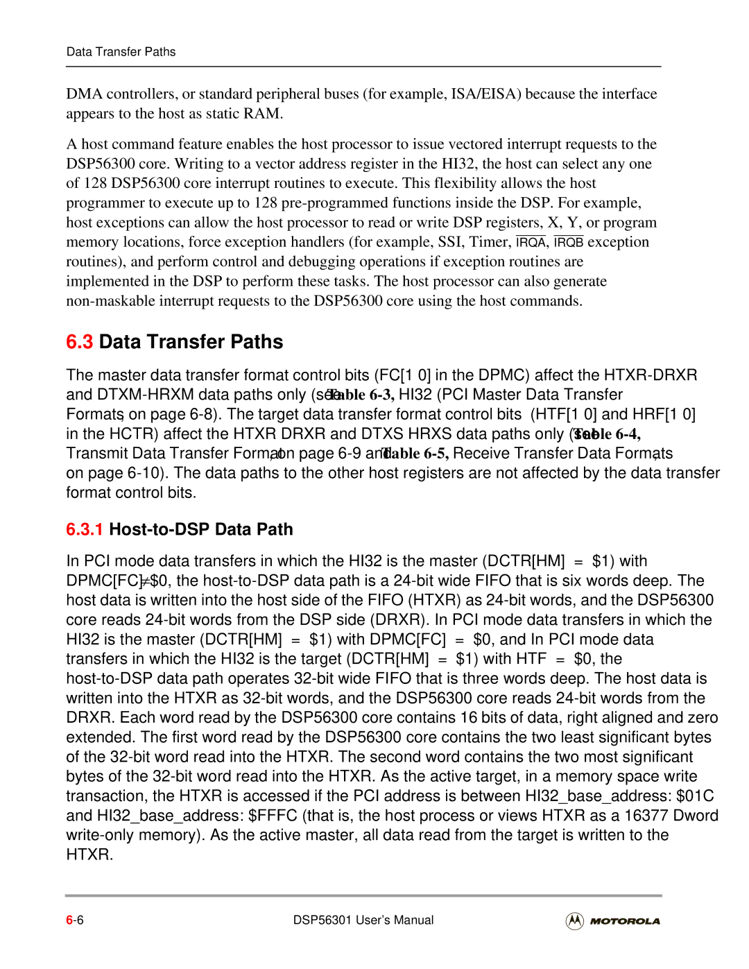 Motorola DSP56301 user manual Data Transfer Paths, Host-to-DSP Data Path 