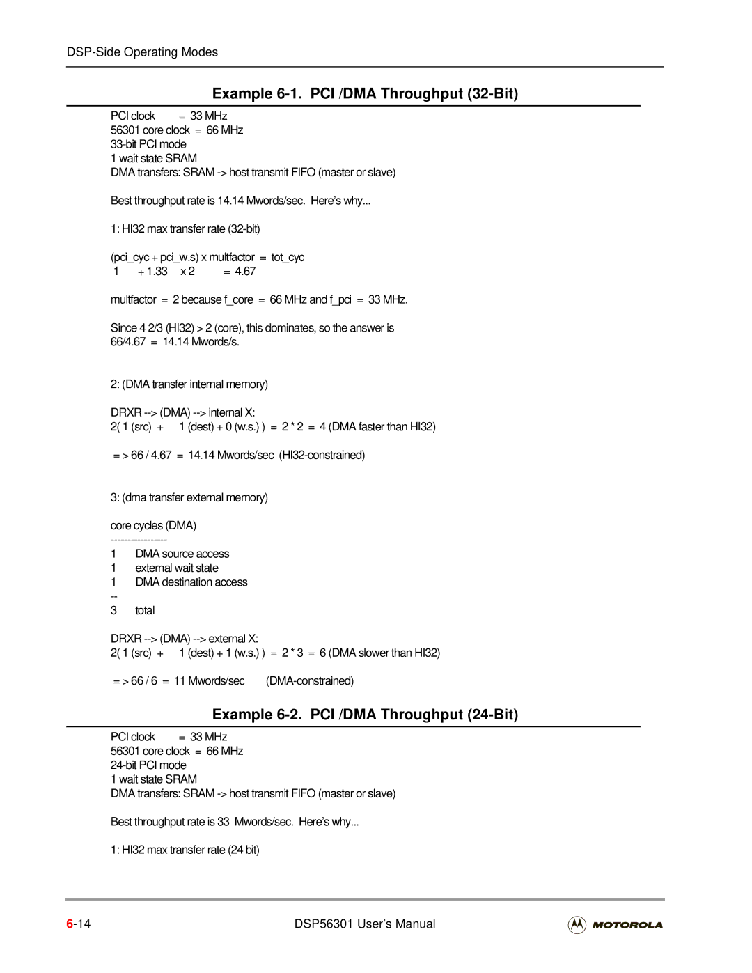 Motorola DSP56301 user manual Example 6-1. PCI /DMA Throughput 32-Bit 