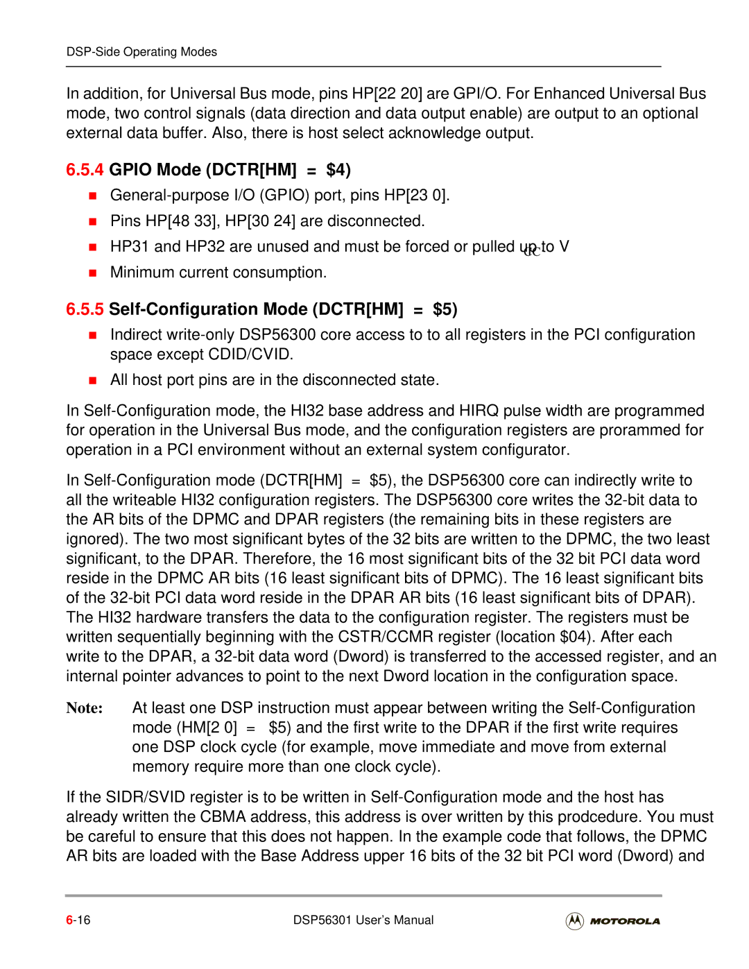 Motorola DSP56301 user manual Gpio Mode Dctrhm = $4, Self-Configuration Mode Dctrhm = $5 