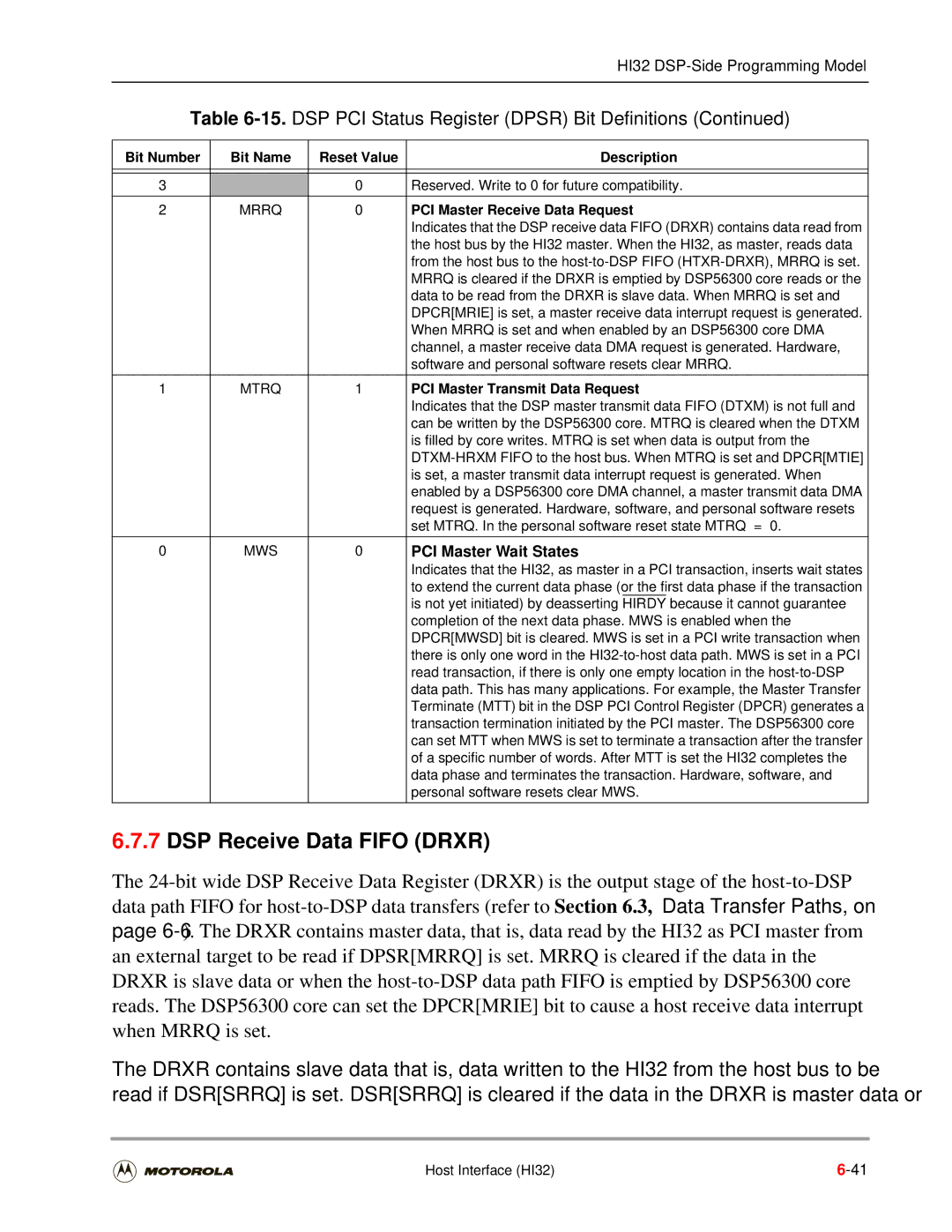 Motorola DSP56301 DSP Receive Data Fifo Drxr, DSP PCI Status Register Dpsr Bit Definitions, PCI Master Wait States 