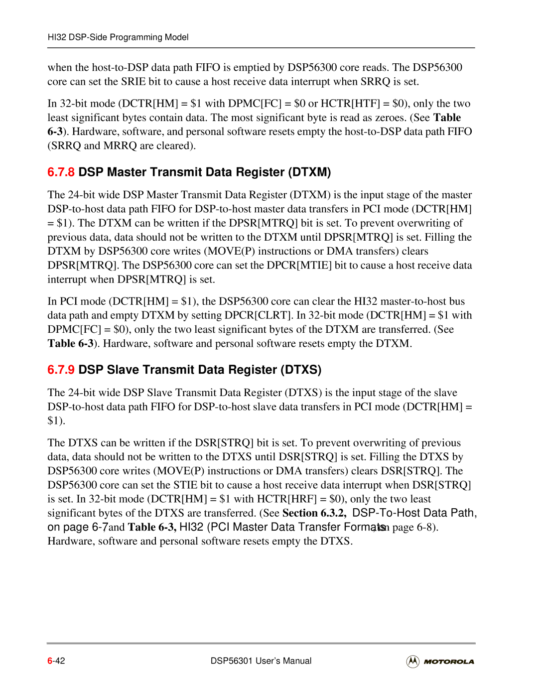 Motorola DSP56301 user manual DSP Master Transmit Data Register Dtxm, DSP Slave Transmit Data Register Dtxs 