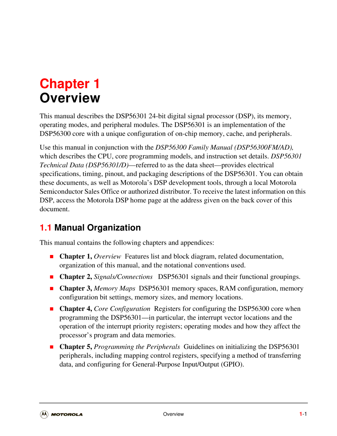 Motorola DSP56301 user manual Manual Organization, Overview 