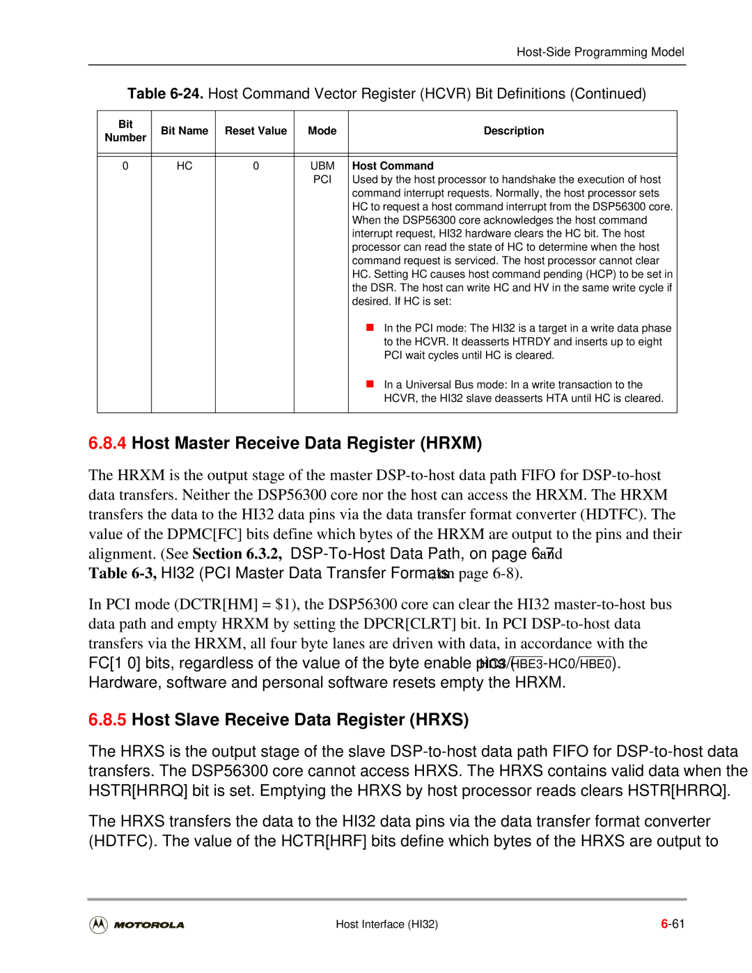 Motorola DSP56301 user manual Host Master Receive Data Register Hrxm, Host Slave Receive Data Register Hrxs, Host Command 