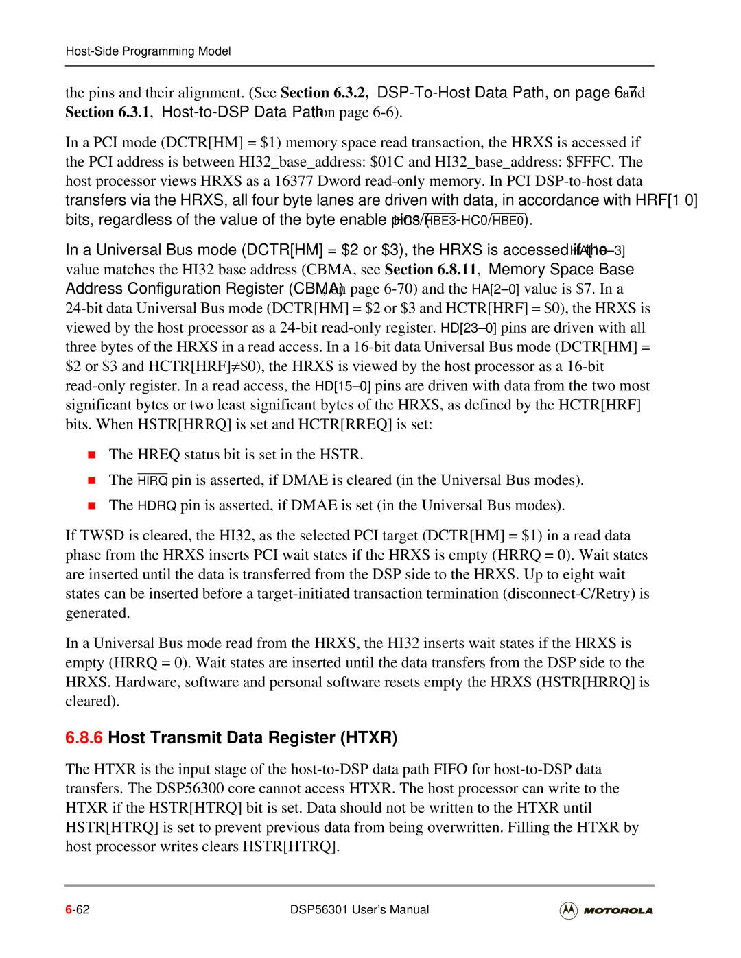 Motorola DSP56301 user manual Host Transmit Data Register Htxr 