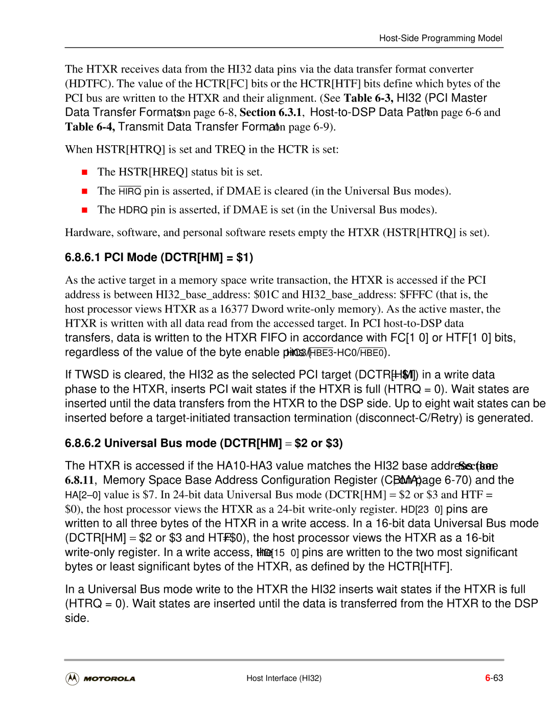 Motorola DSP56301 user manual PCI Mode Dctrhm = $1, Universal Bus mode Dctrhm = $2 or $3 