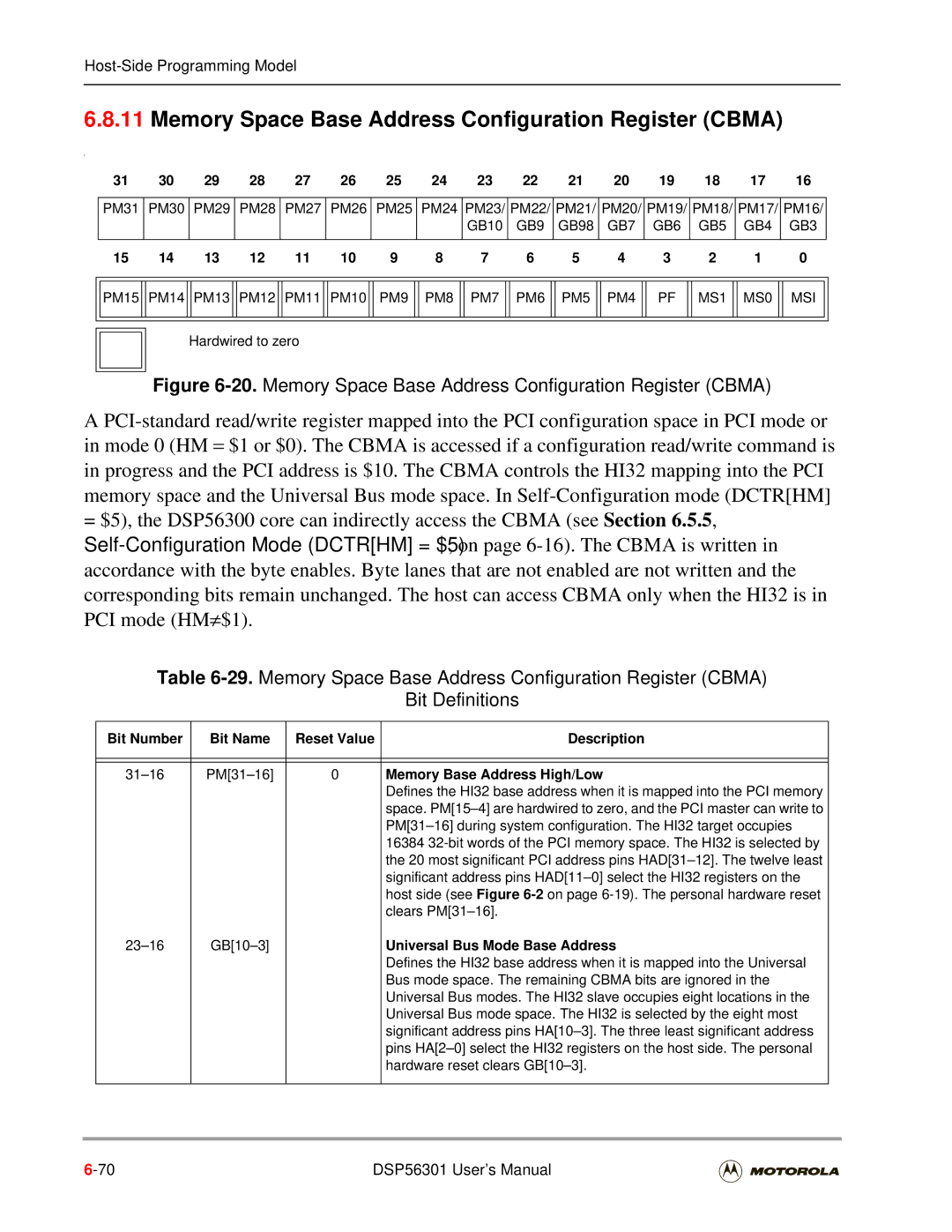 Motorola DSP56301 user manual Memory Space Base Address Configuration Register Cbma, PM8 PM7 PM6 PM5 PM4 MS1 MS0 MSI 