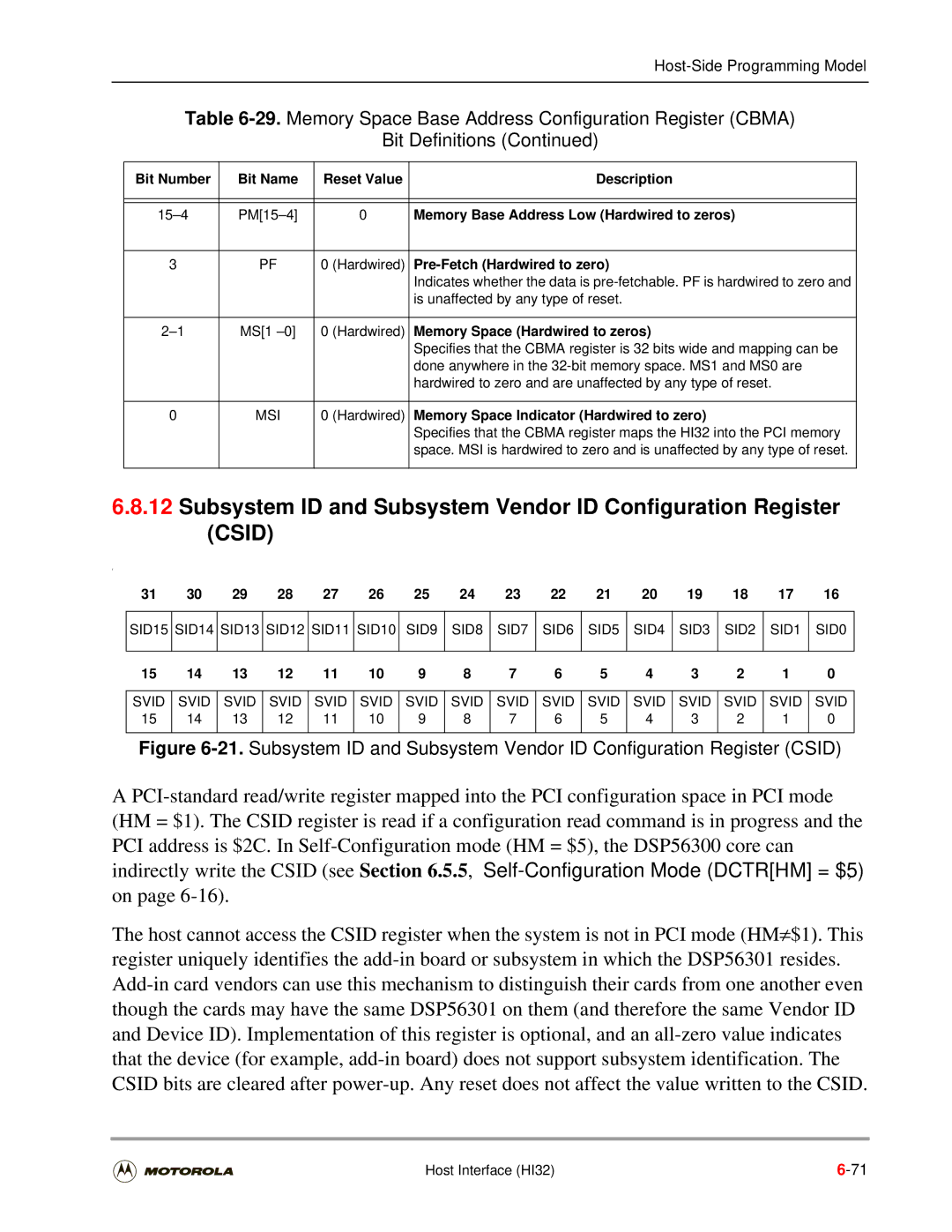 Motorola DSP56301 Memory Space Base Address Configuration Register Cbma, Memory Base Address Low Hardwired to zeros 