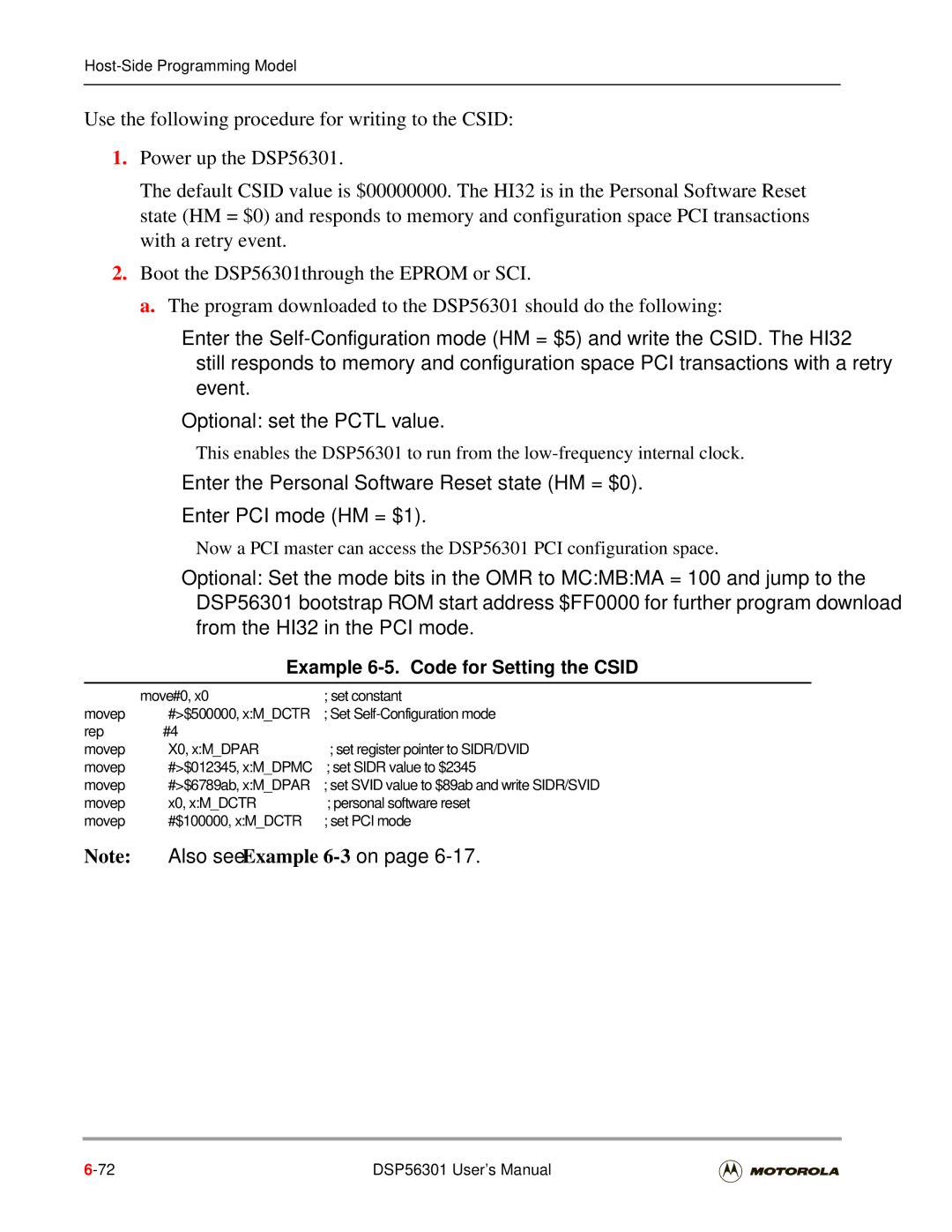 Motorola DSP56301 user manual Example 6-5. Code for Setting the Csid 