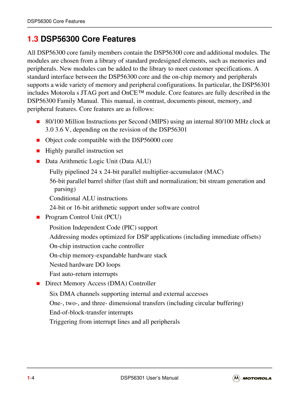 Motorola DSP56301 user manual DSP56300 Core Features 