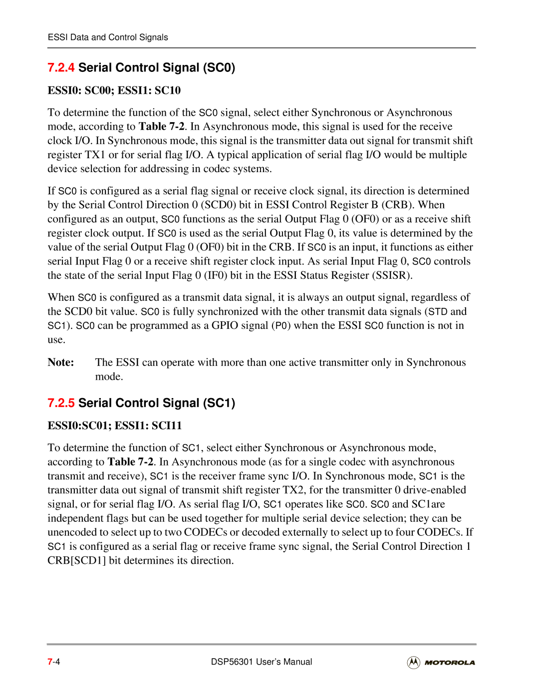 Motorola DSP56301 user manual Serial Control Signal SC0, Serial Control Signal SC1 