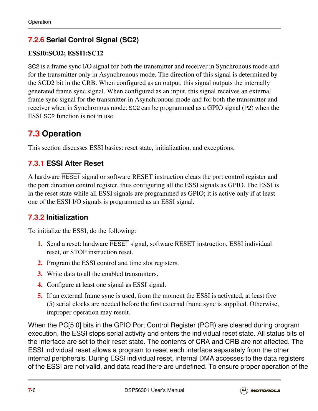 Motorola DSP56301 user manual Operation, Serial Control Signal SC2, Essi After Reset, Initialization 