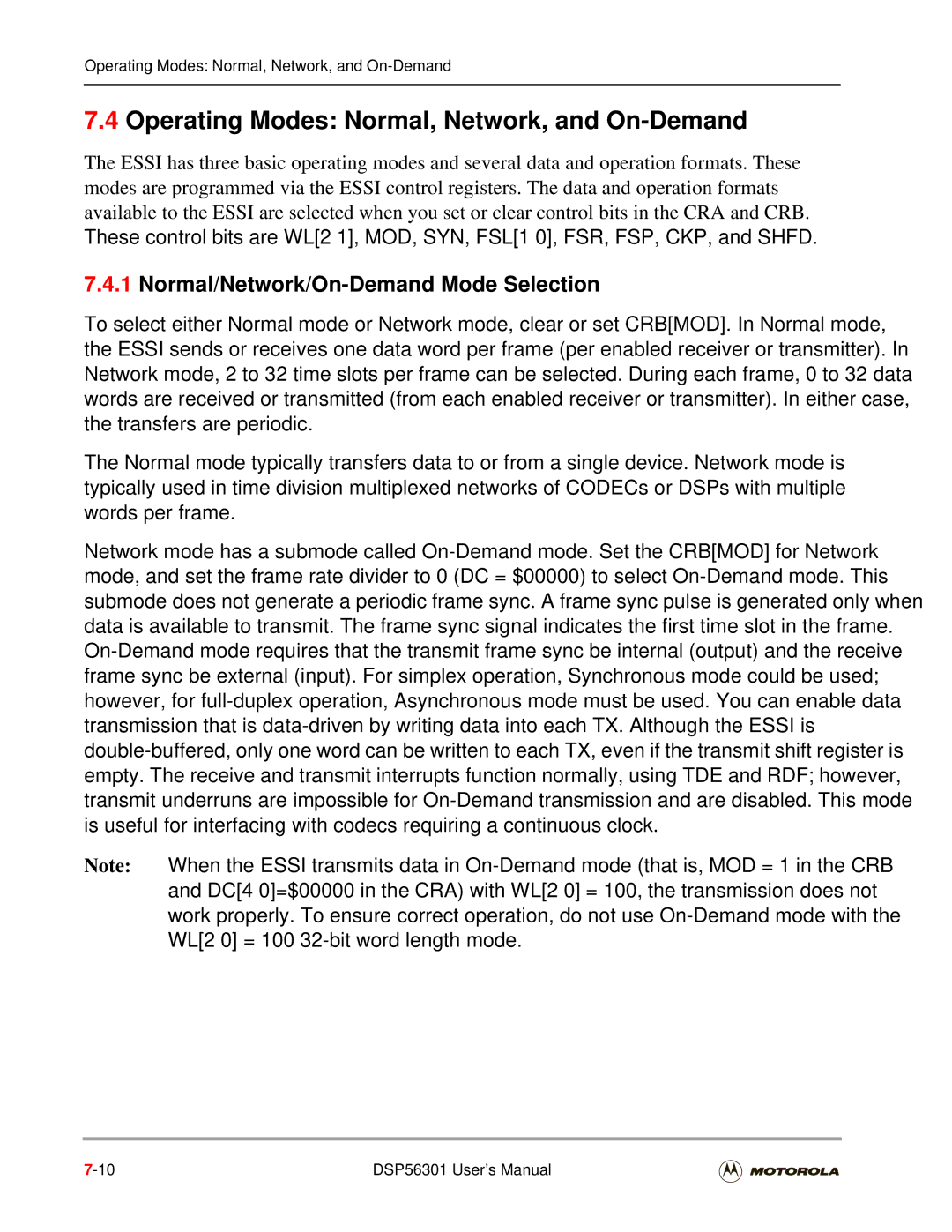 Motorola DSP56301 user manual Operating Modes Normal, Network, and On-Demand, Normal/Network/On-Demand Mode Selection 