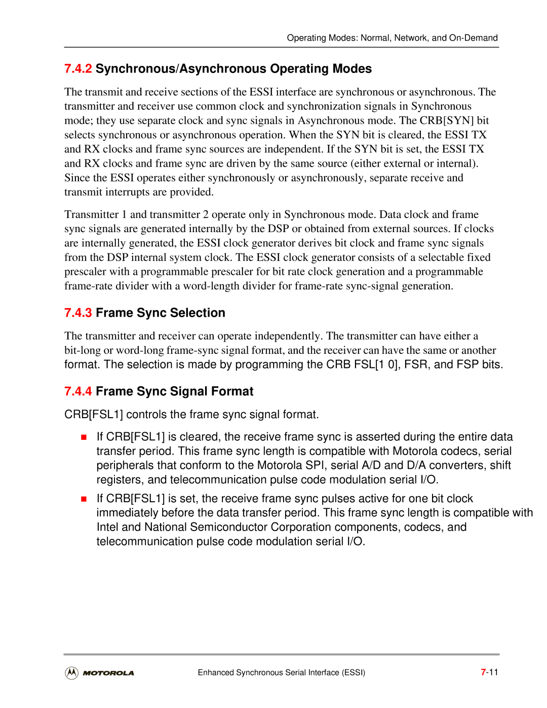 Motorola DSP56301 user manual Synchronous/Asynchronous Operating Modes, Frame Sync Selection, Frame Sync Signal Format 