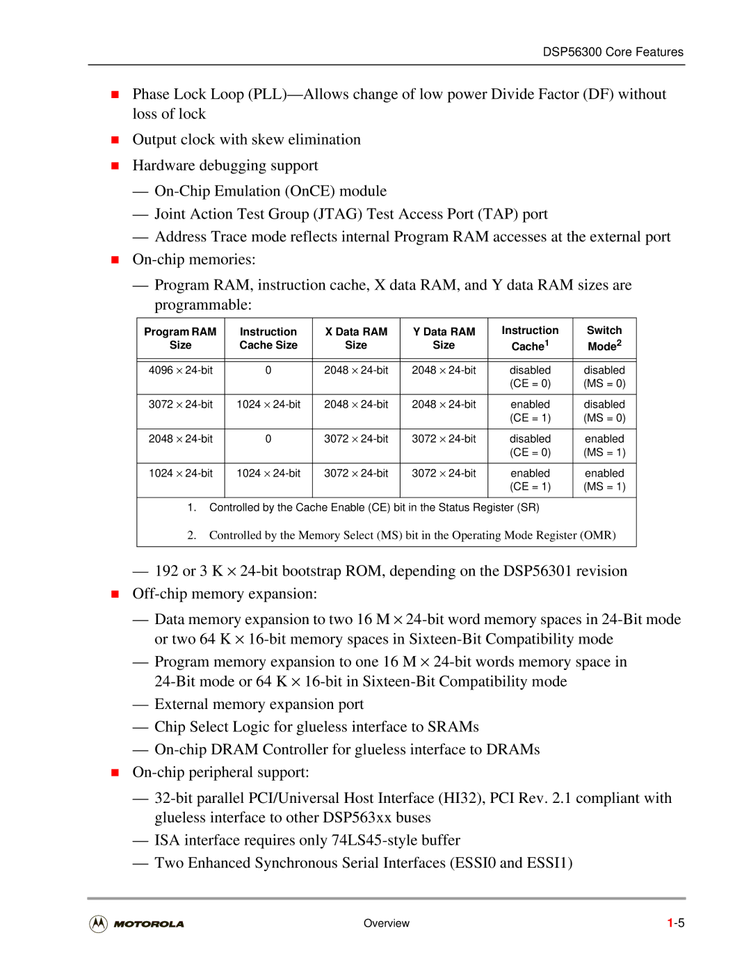 Motorola DSP56301 user manual Program RAM Instruction Data RAM Switch Size Cache Size, Ce = Ms = 