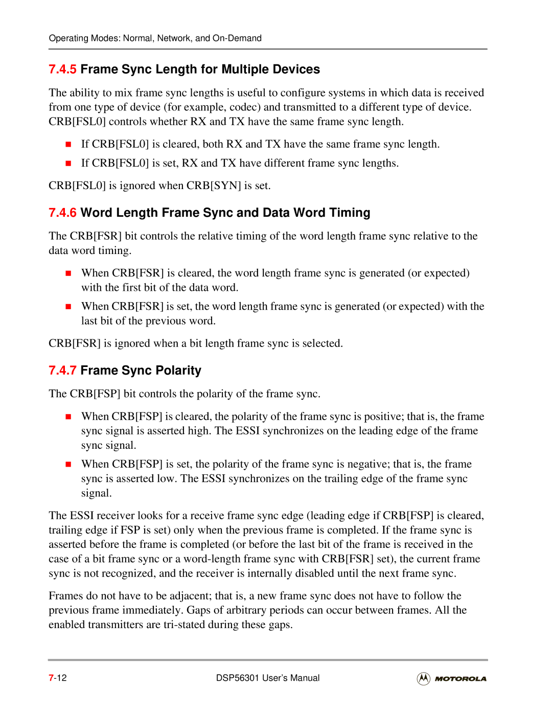 Motorola DSP56301 Frame Sync Length for Multiple Devices, Word Length Frame Sync and Data Word Timing, Frame Sync Polarity 