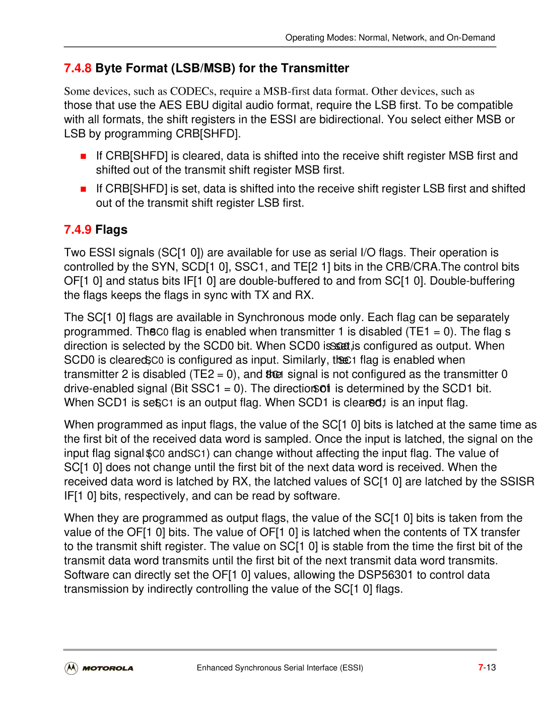 Motorola DSP56301 user manual Byte Format LSB/MSB for the Transmitter, Flags 