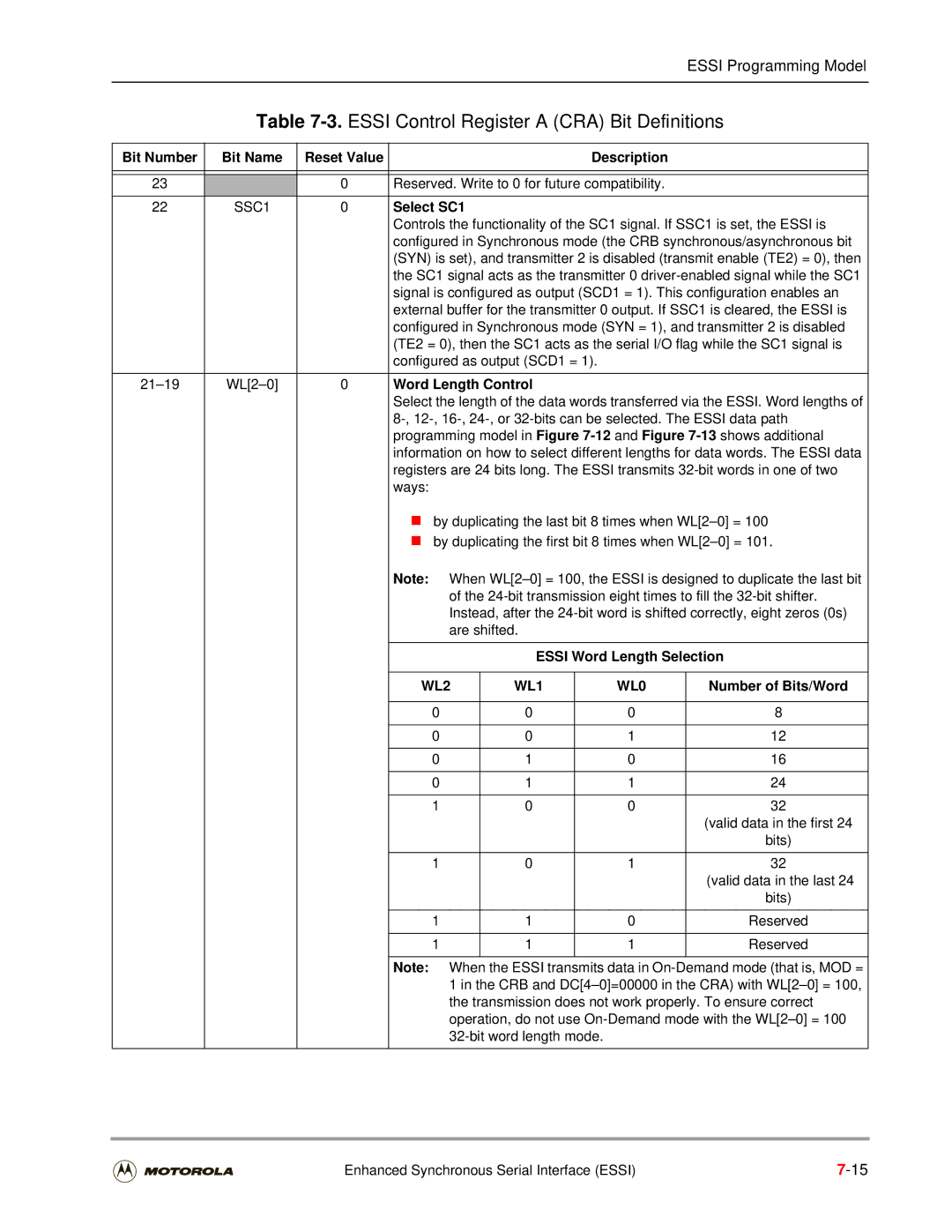 Motorola DSP56301 Essi Control Register a CRA Bit Definitions, Select SC1, Word Length Control, Essi Word Length Selection 