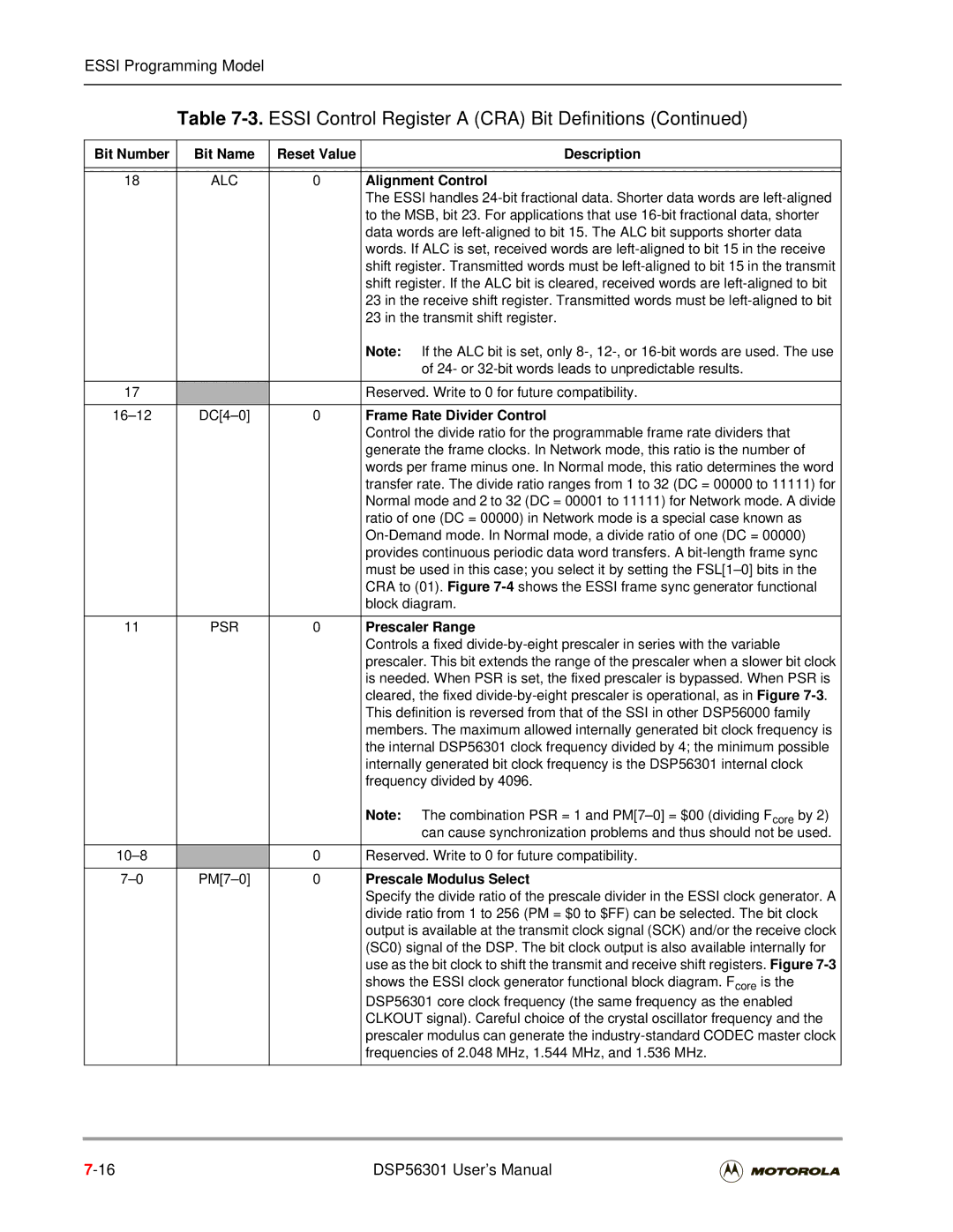 Motorola DSP56301 user manual Alignment Control, Frame Rate Divider Control, Prescaler Range, Prescale Modulus Select 