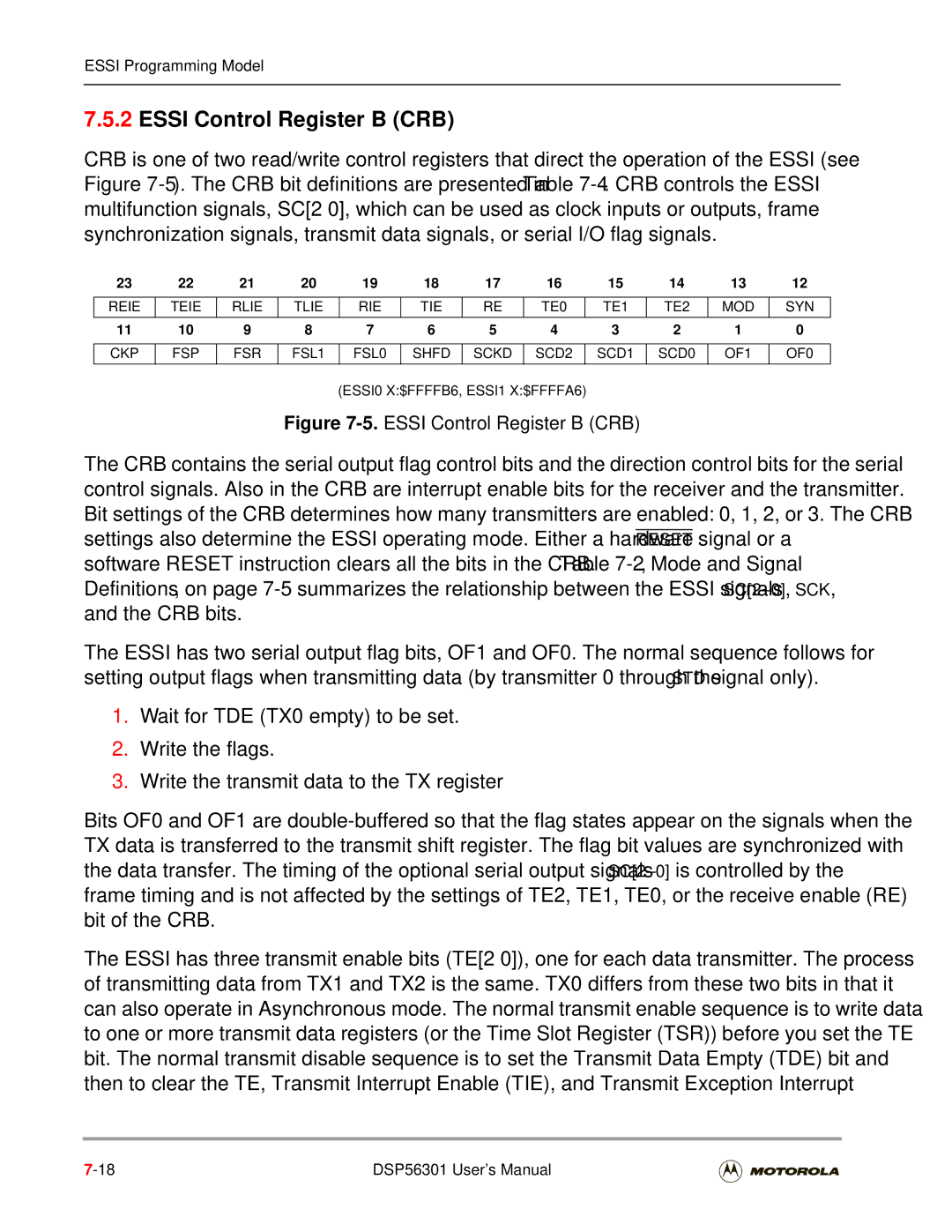 Motorola DSP56301 user manual Essi Control Register B CRB, Shfd, OF1 OF0, ESSI0 X$FFFFB6, ESSI1 X$FFFFA6 