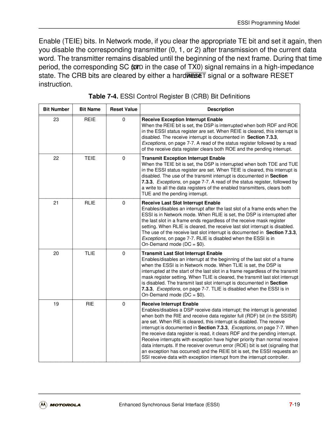 Motorola DSP56301 user manual Essi Control Register B CRB Bit Definitions 