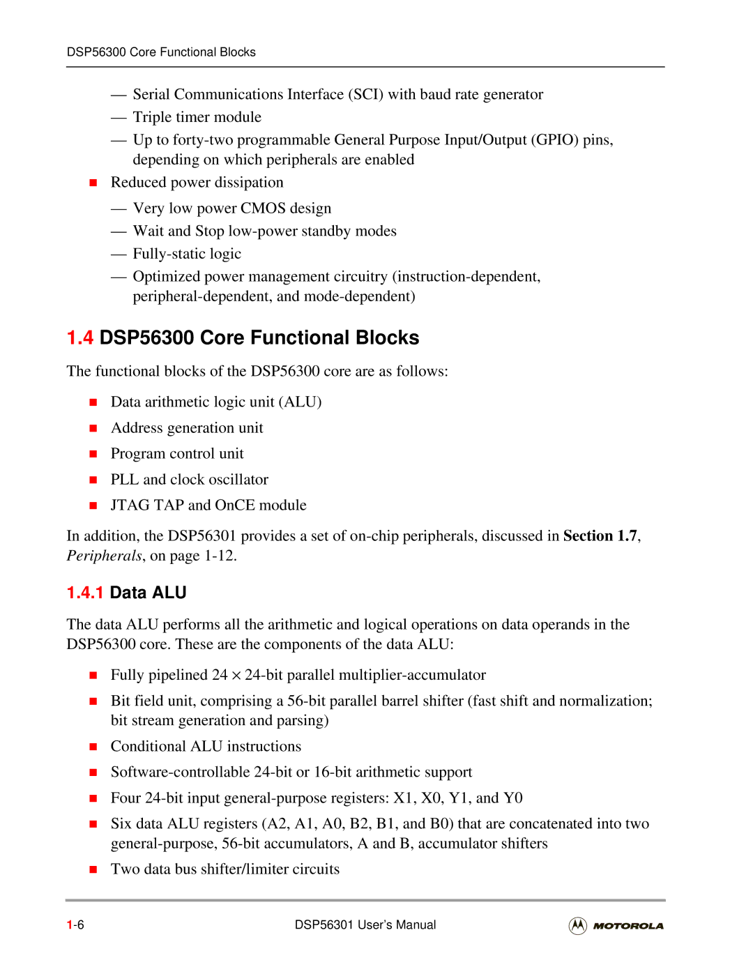 Motorola DSP56301 user manual DSP56300 Core Functional Blocks, Data ALU 