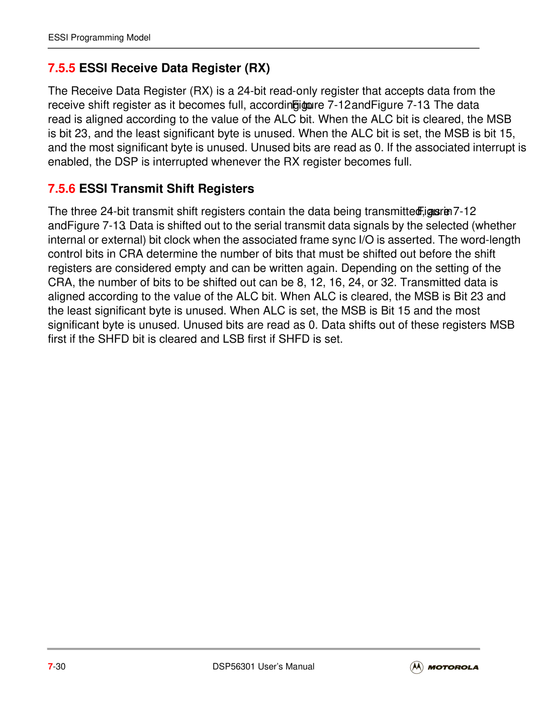 Motorola DSP56301 user manual Essi Receive Data Register RX, Essi Transmit Shift Registers 