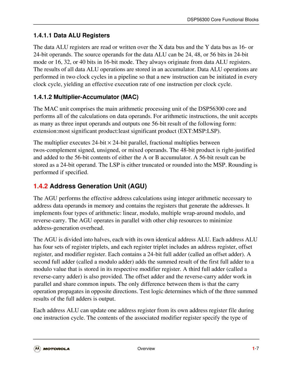 Motorola DSP56301 user manual Address Generation Unit AGU, Data ALU Registers, Multiplier-Accumulator MAC 