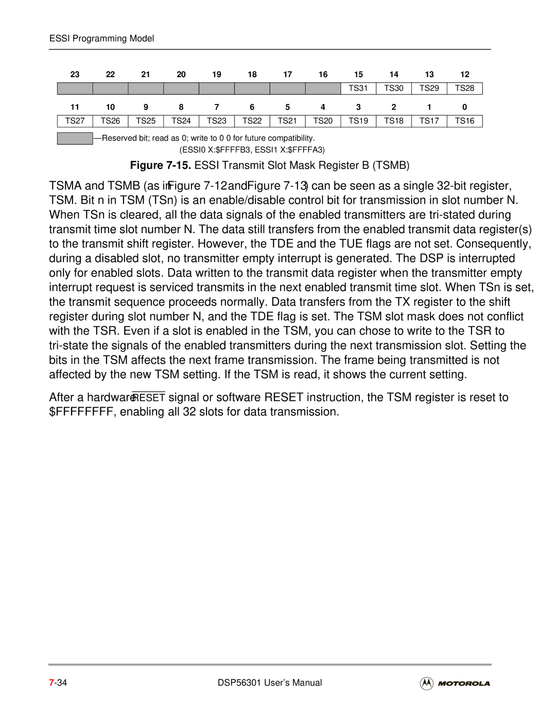 Motorola DSP56301 user manual ESSI Transmit Slot Mask Register B Tsmb 