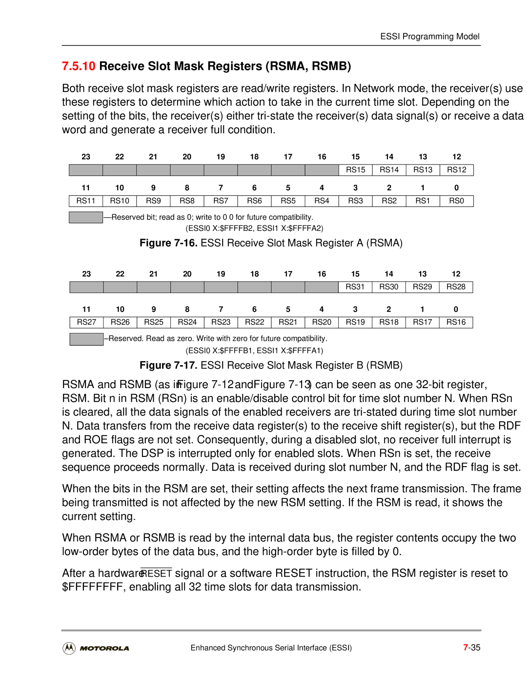 Motorola DSP56301 user manual Receive Slot Mask Registers RSMA, Rsmb, RS7 RS6, RS1 RS0, RS15 RS14 RS13 RS12 RS11 RS10 