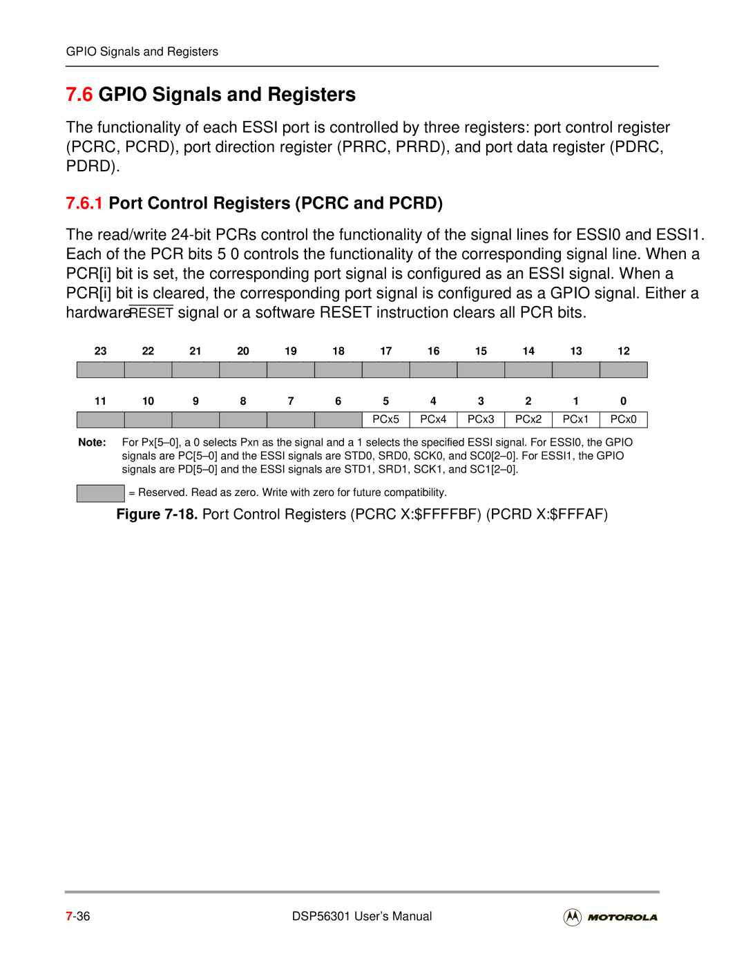 Motorola DSP56301 user manual Gpio Signals and Registers, Port Control Registers Pcrc and Pcrd 