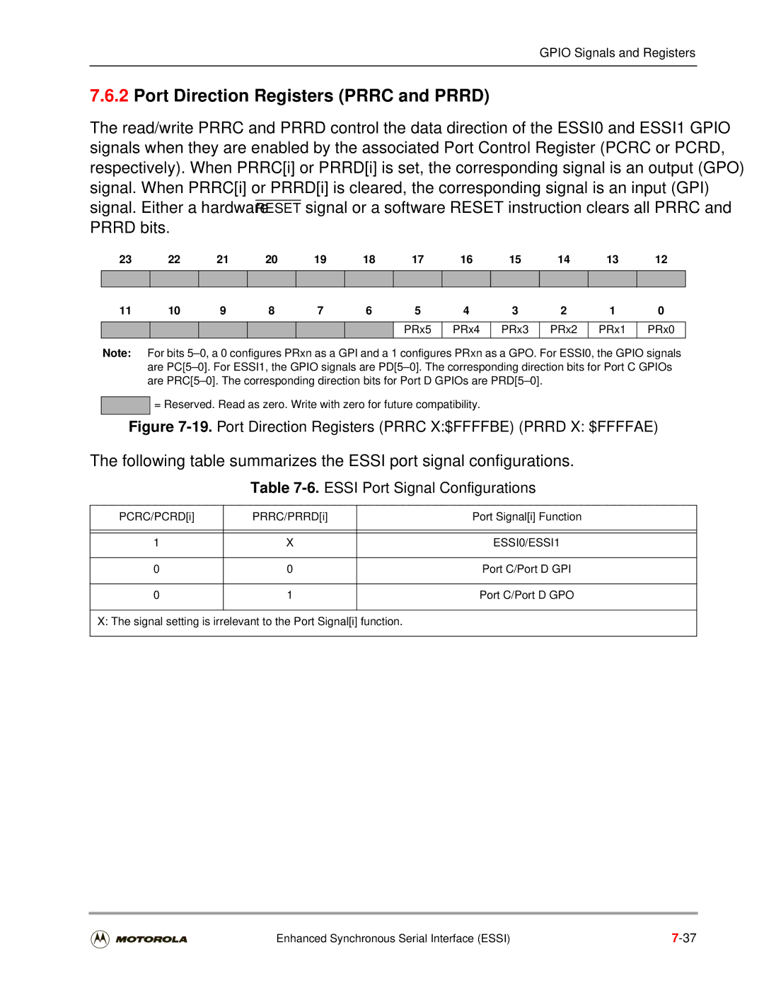 Motorola DSP56301 user manual Port Direction Registers Prrc and Prrd, Essi Port Signal Configurations, ESSI0/ESSI1 