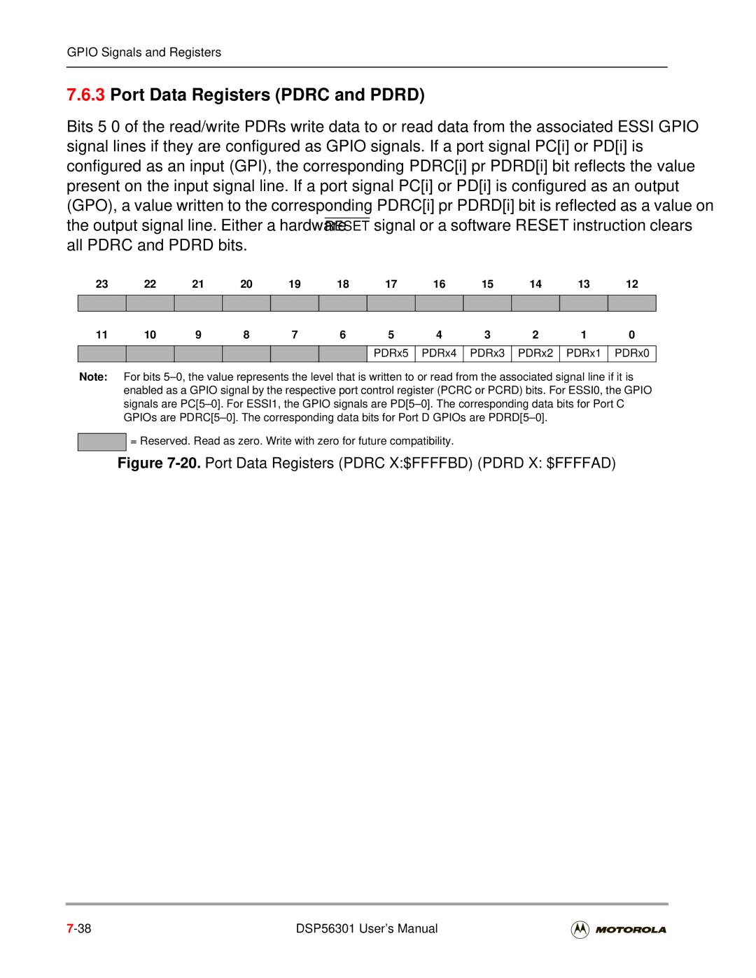 Motorola DSP56301 user manual Port Data Registers Pdrc and Pdrd, Port Data Registers Pdrc X$FFFFBD Pdrd X $FFFFAD 