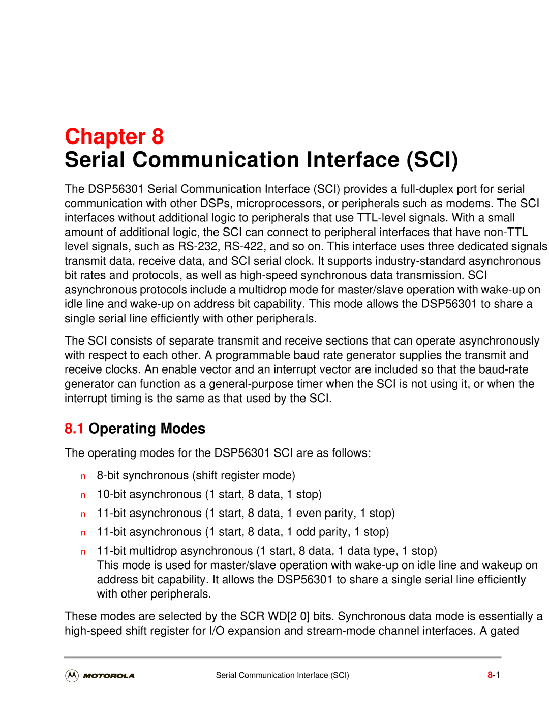 Motorola DSP56301 user manual Serial Communication Interface SCI 