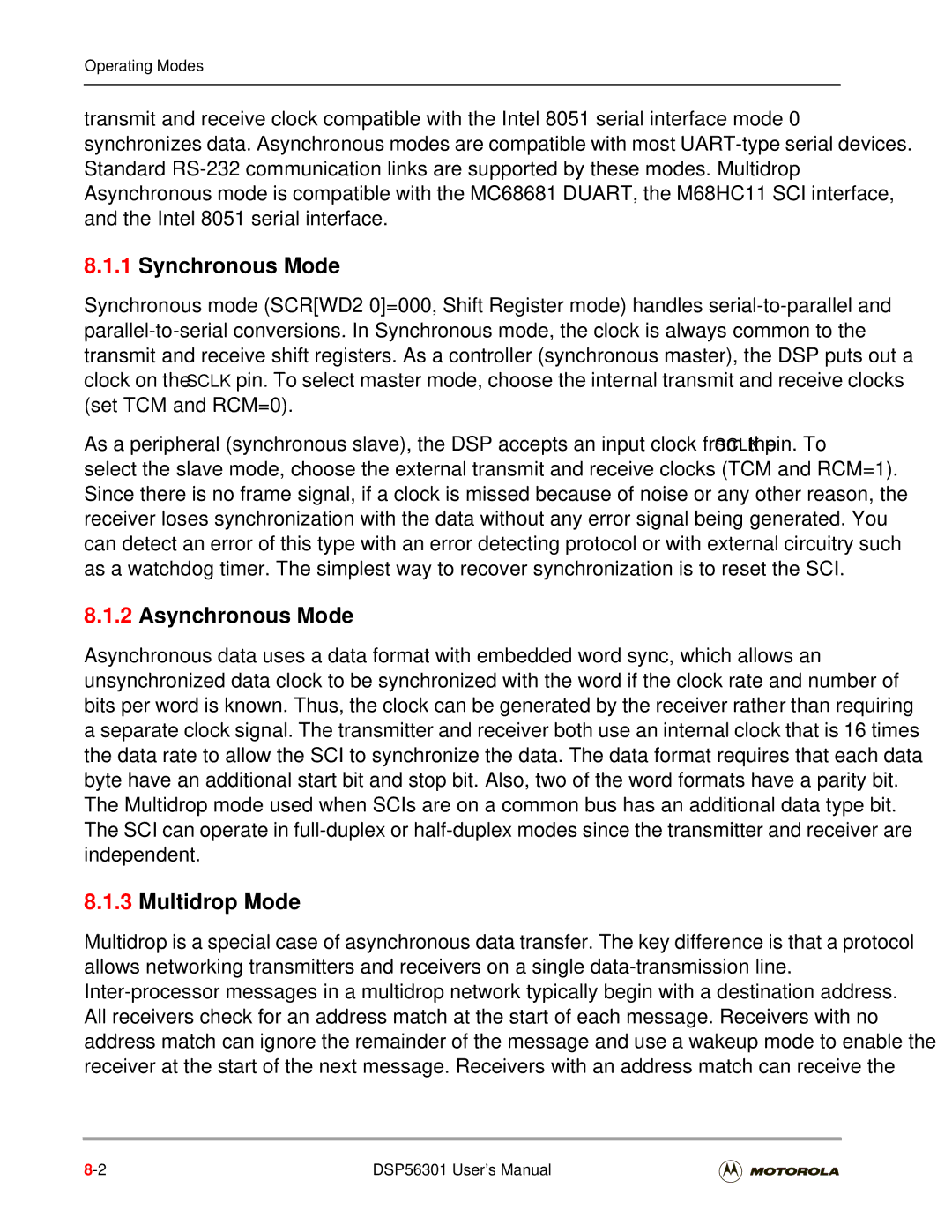 Motorola DSP56301 user manual Synchronous Mode, Asynchronous Mode, Multidrop Mode 