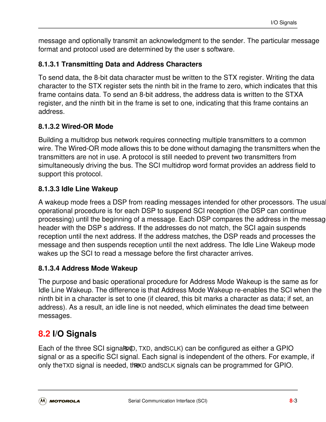 Motorola DSP56301 user manual I/O Signals, Transmitting Data and Address Characters, Wired-OR Mode, Idle Line Wakeup 