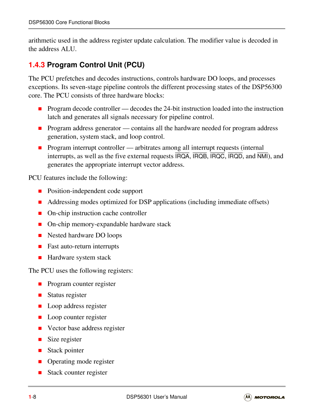 Motorola DSP56301 user manual Program Control Unit PCU 