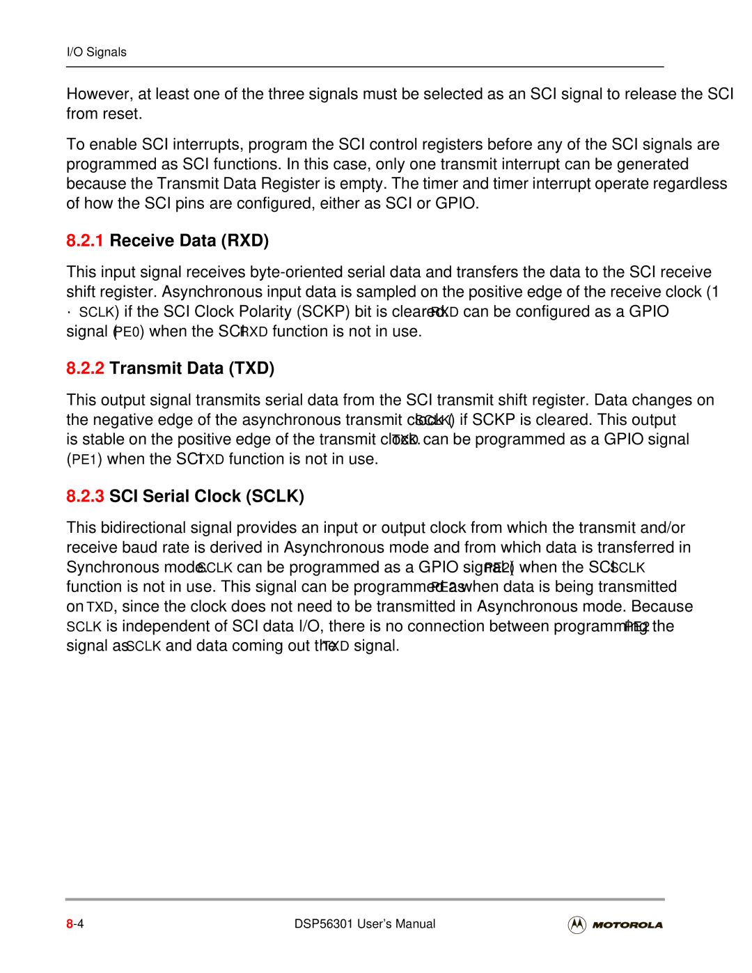 Motorola DSP56301 user manual Receive Data RXD, Transmit Data TXD, SCI Serial Clock Sclk 