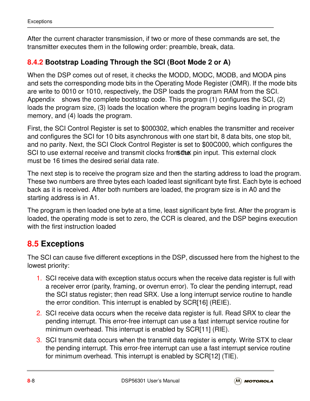 Motorola DSP56301 user manual Exceptions, Bootstrap Loading Through the SCI Boot Mode 2 or a 