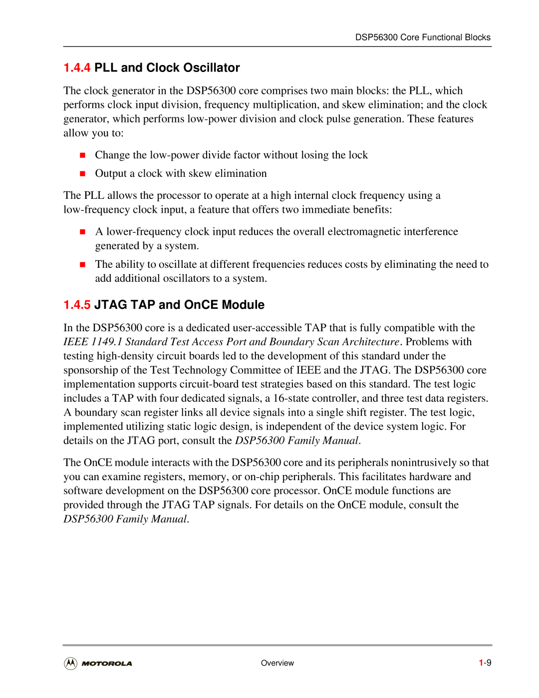 Motorola DSP56301 user manual PLL and Clock Oscillator, Jtag TAP and OnCE Module 