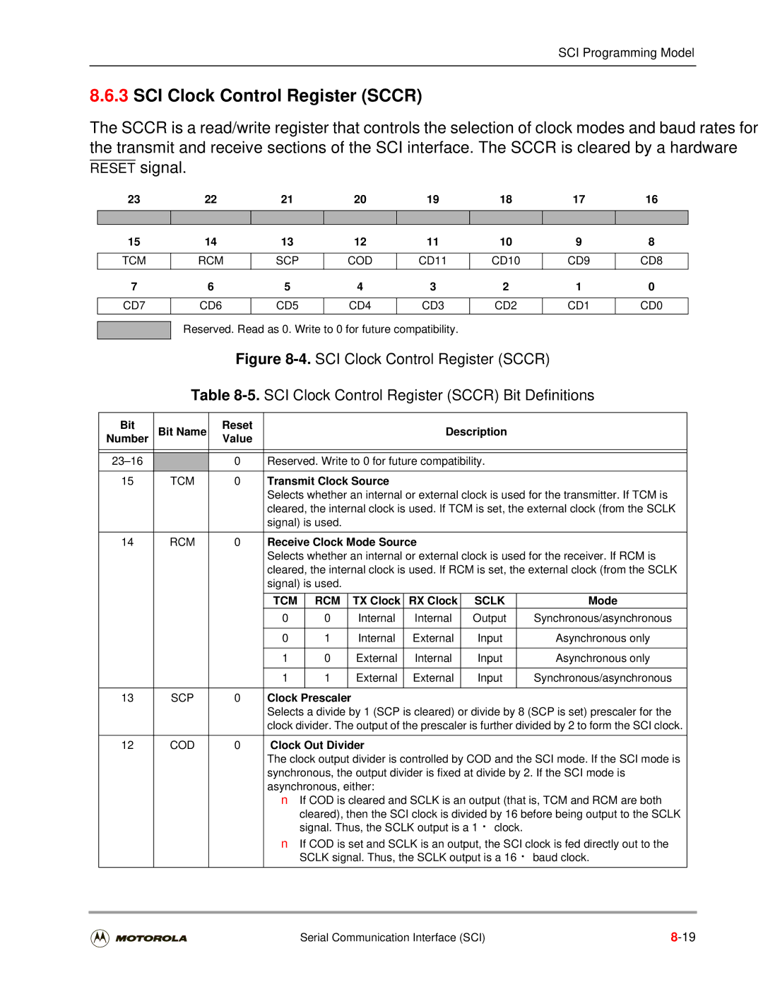 Motorola DSP56301 user manual SCI Clock Control Register Sccr, Tcm Rcm Scp Cod, Sclk 