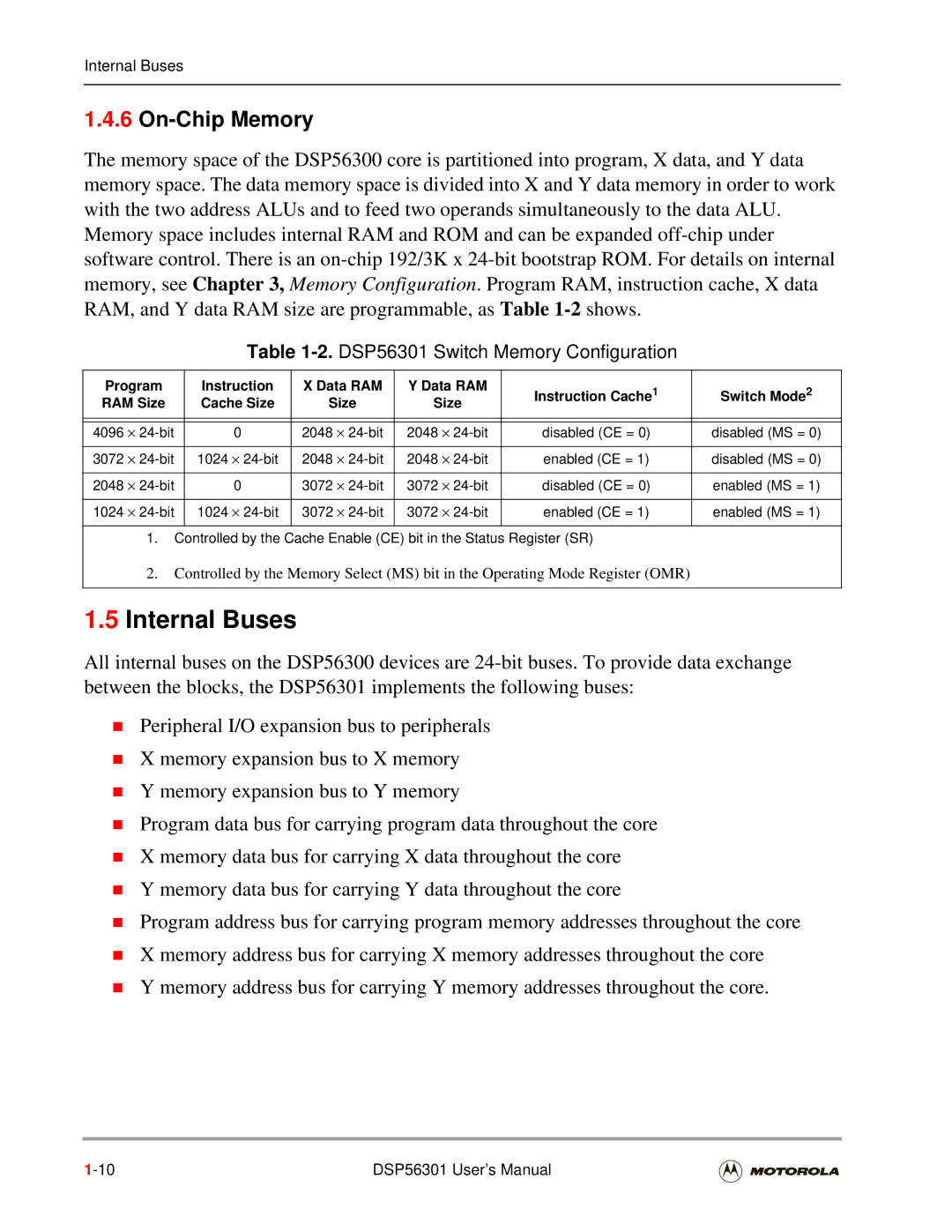 Motorola user manual Internal Buses, On-Chip Memory, DSP56301 Switch Memory Configuration 