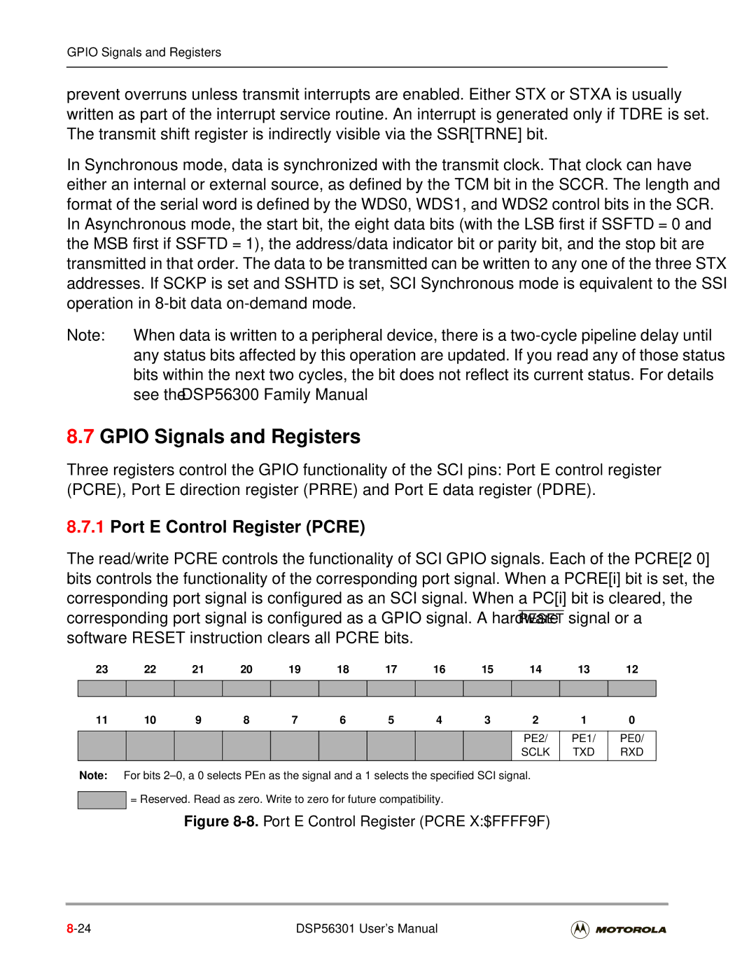 Motorola DSP56301 user manual Port E Control Register Pcre, PE2 PE1 PE0, Sclk TXD RXD 