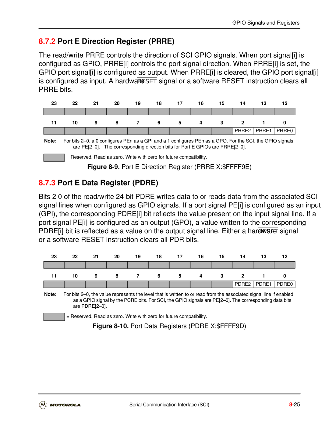 Motorola DSP56301 user manual Port E Direction Register Prre, Port E Data Register Pdre, PRRE1 PRRE0, PDRE1 PDRE0 